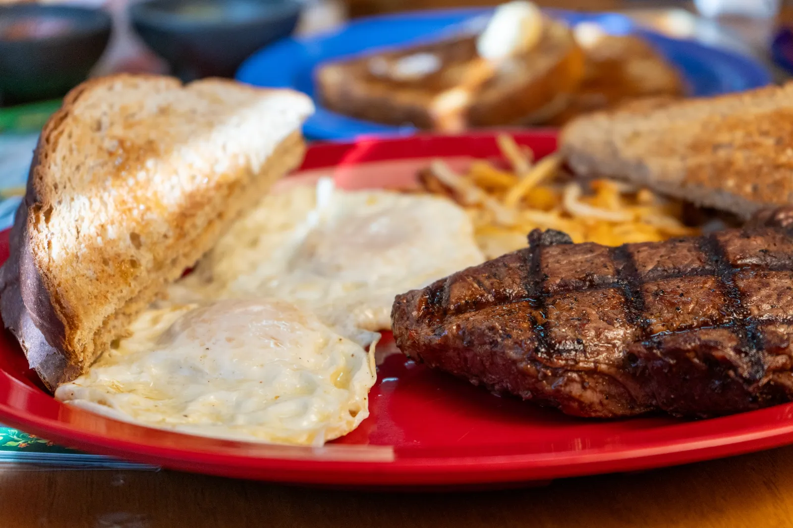 Steak and eggs close up